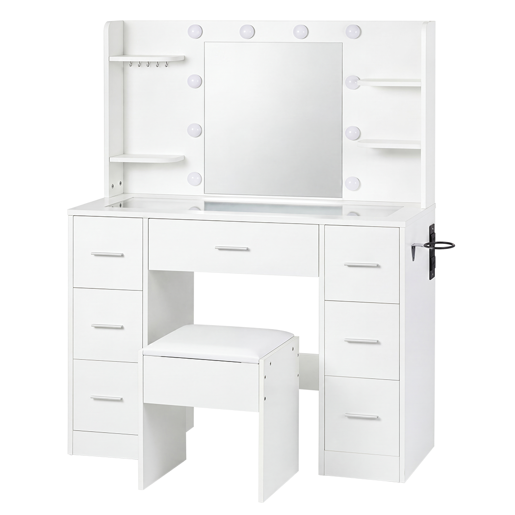Levede Dressing Table Makeup Vanity with Lights Glass Desktop 7 Drawers White-2109799601329082378