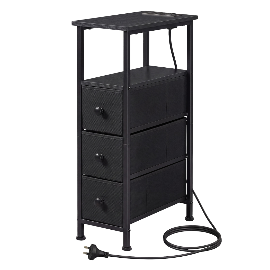 Levede Bedside Table Slim Bedside Table with LED Charging Station Black-2100034980116828168