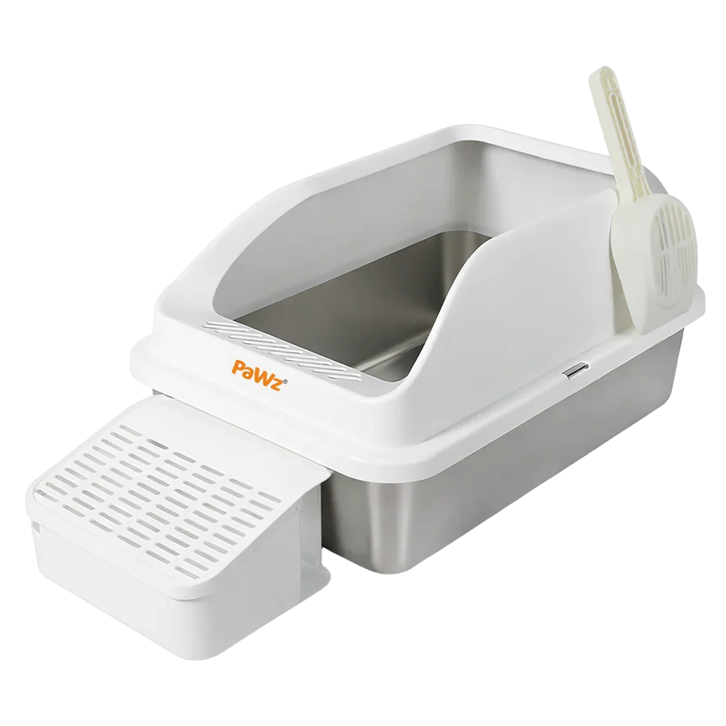 Pawz Stainless Steel Cat Litter Box Big Cats Kitten High Sided Easy Clean White-2050056766686892040