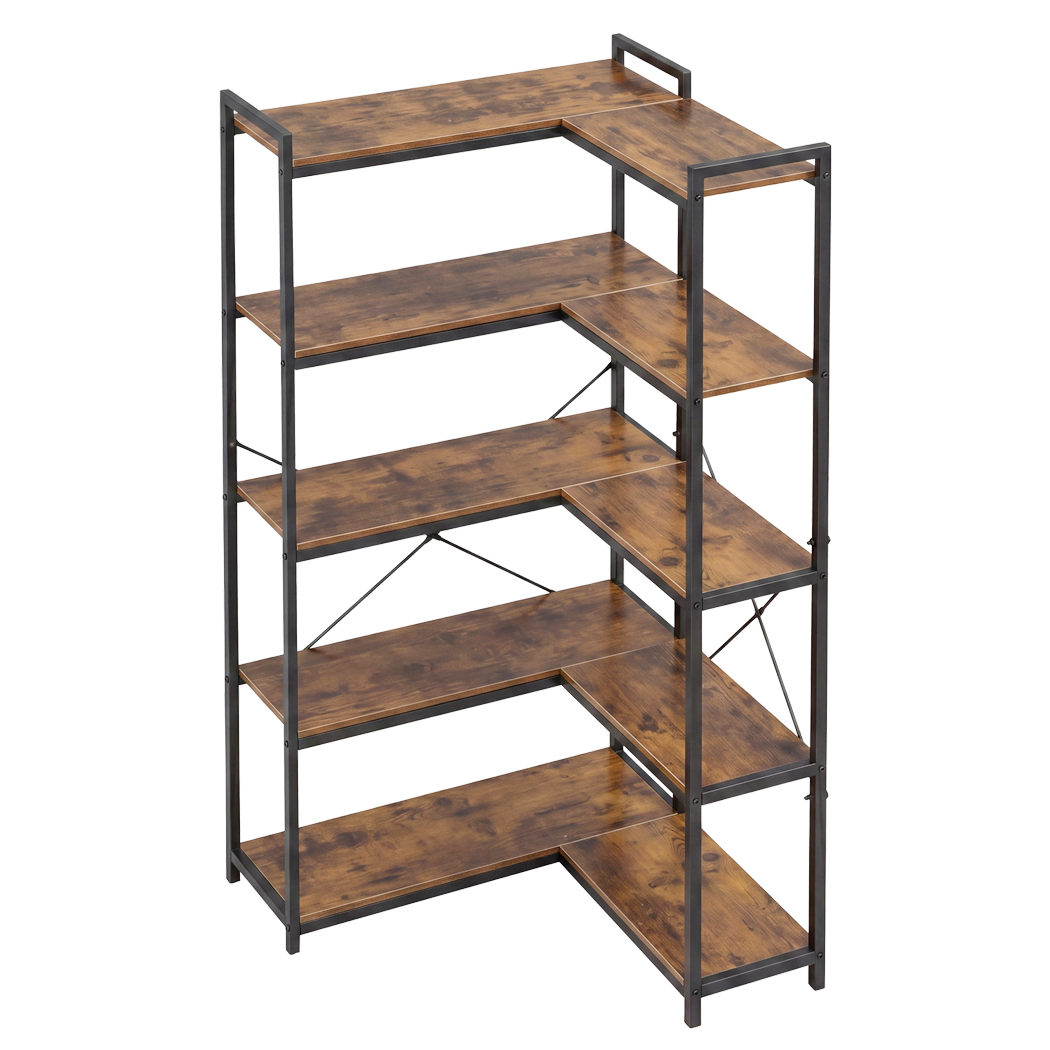 Levede Corner Bookshelf 5 Tier Bookcase L Shape Storage Shelf Display Rack Brown-2072893553419358217