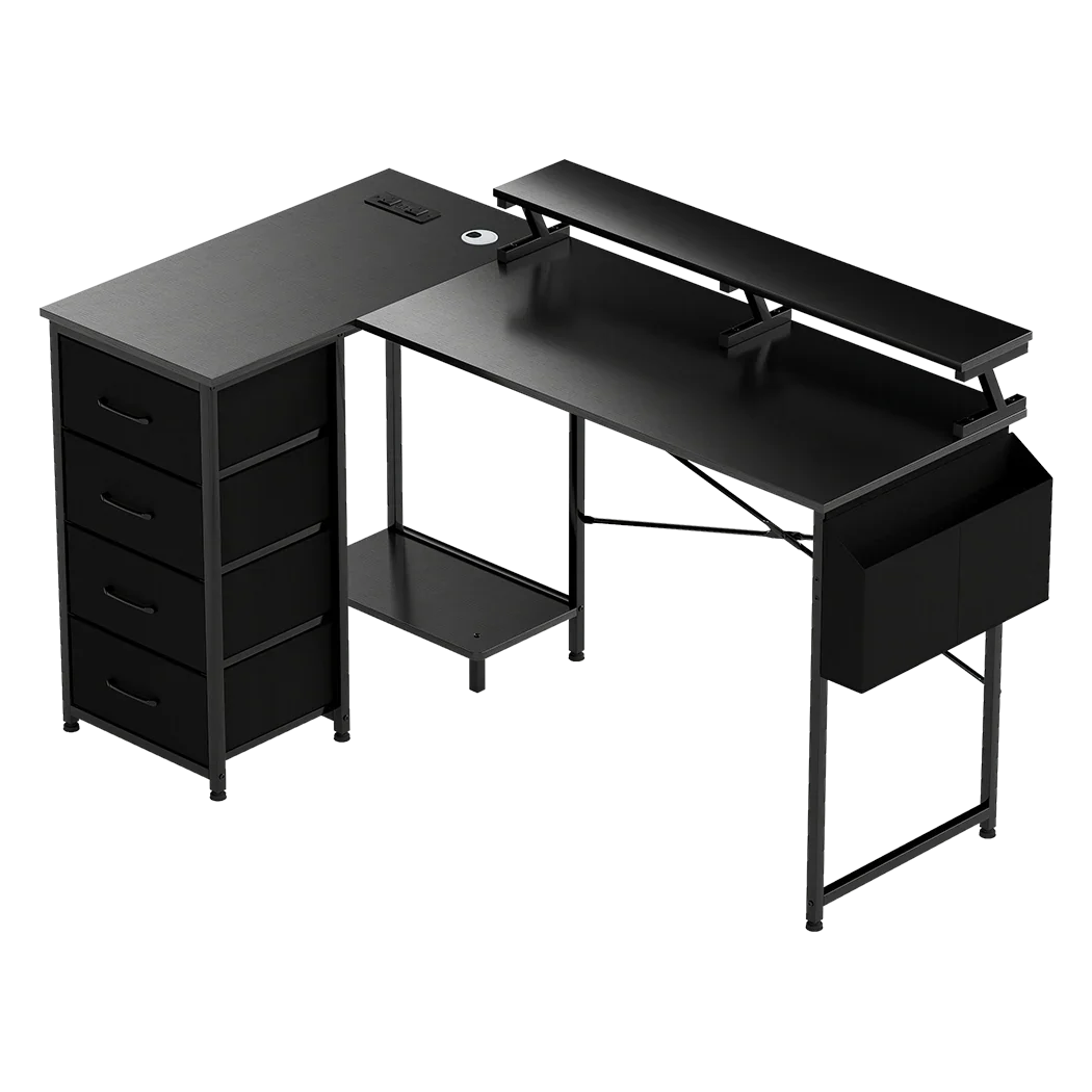 Levede L Shaped Gaming Desk with Storage Drawers Black-2050056895582048264