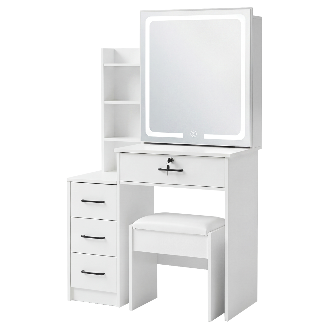 Levede Dressing Table Vanity Stool Set Sliding LED Mirror Makeup Storage Shelves White-2072893560474177545
