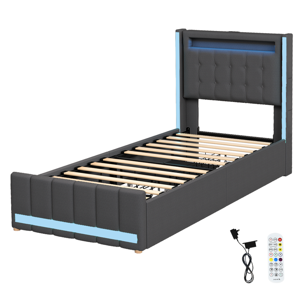 Levede Single Bed Frame Fabric Storage Drawer LED USB-2006733382138073096