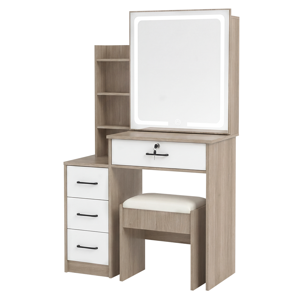 Levede Dressing Table Vanity Stool Set Sliding LED Mirror Makeup Storage Shelves Natural-2072893560272850953