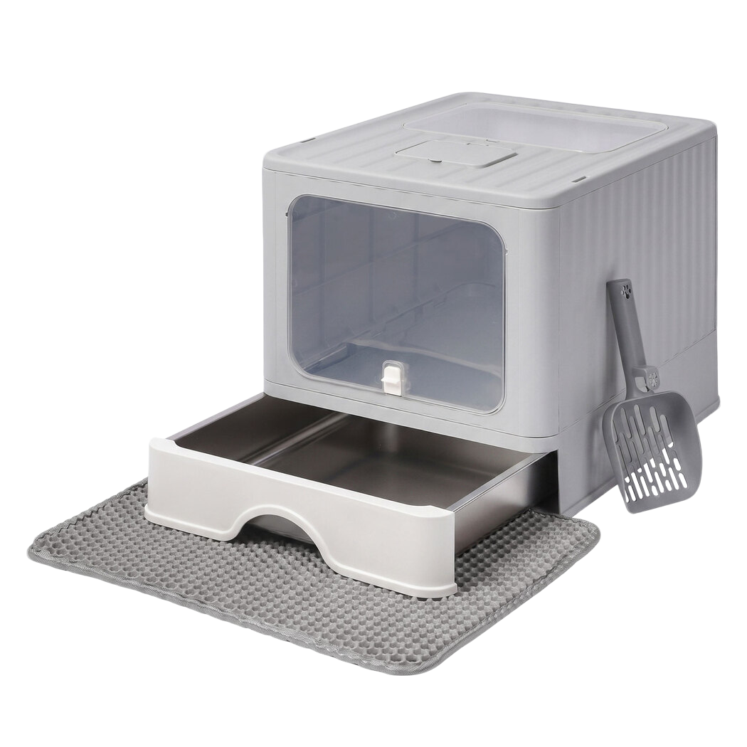 PaWz Cat Litter Box Stainless Steel Enclosed Drawer Odor Control Foldable Grey-2100034991202373640