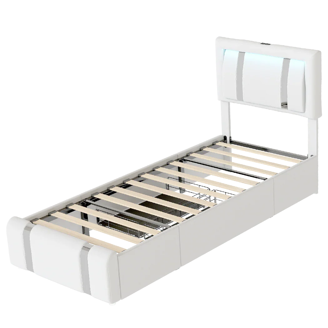 Levede Single Bed Frame Leather Headboard RGB 2 Drawers-2050056740216639496