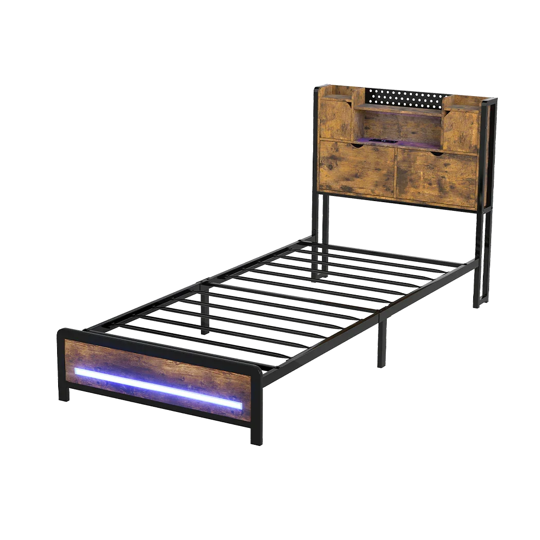 Levede Single Bed Frame Storage Headboard Industrial-2050056749062426632