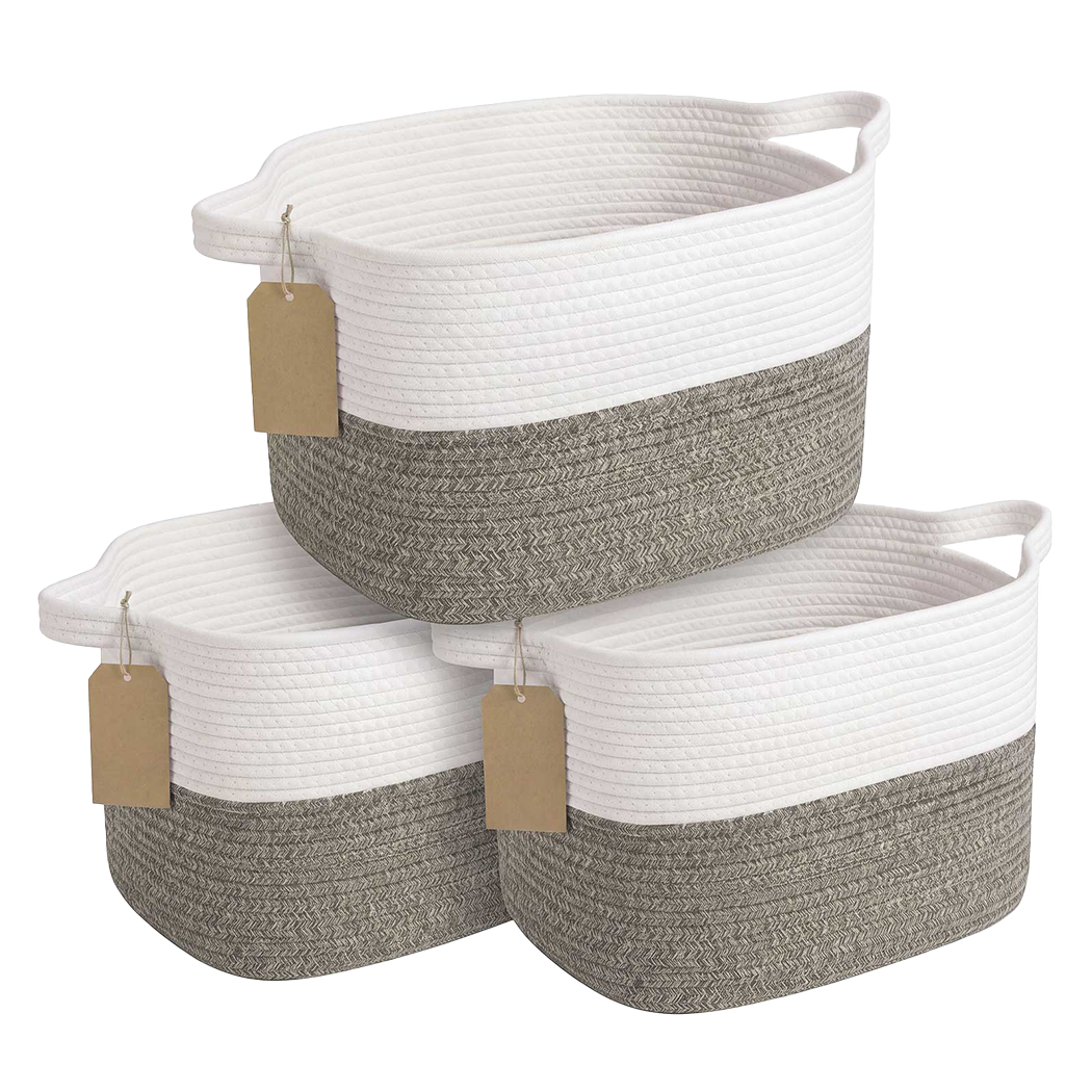 Levede Storage Baskets Laundry Bins 3Pcs Foldable with Handles Cotton Rope Brown-2100035024383512584