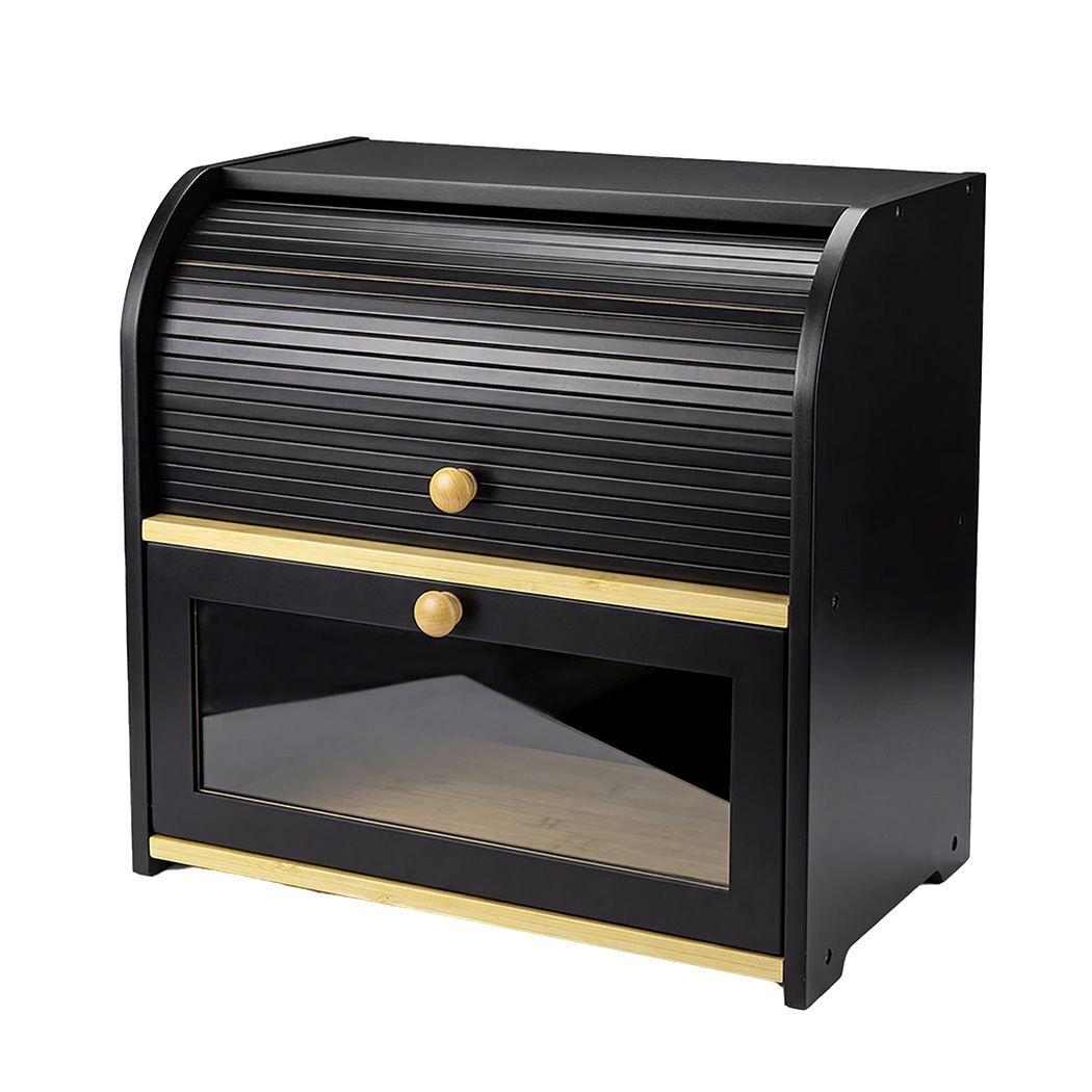 Toque Bread Bin Box 2 Tier Roll Top Bread Bin Kitchen Counter Storage Bamboo-2072893581600886792