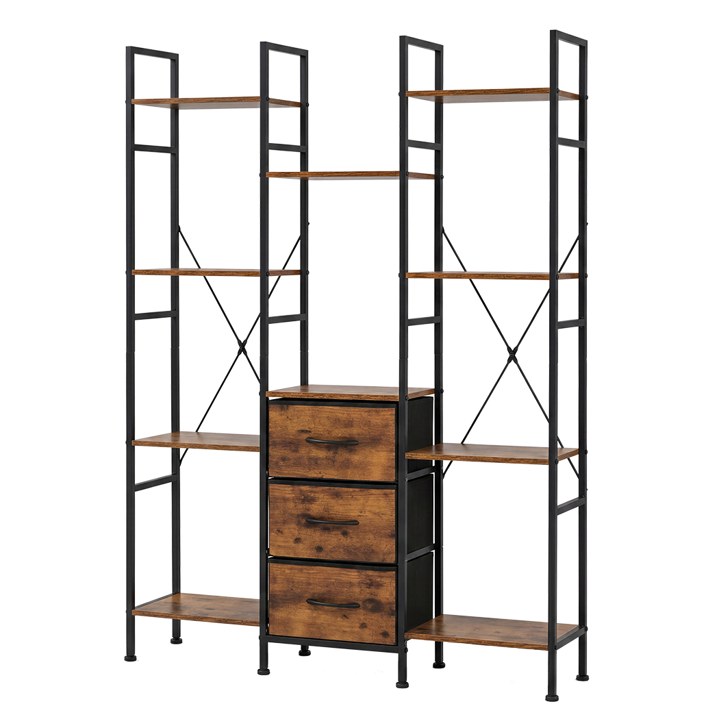 Levede Bookshelf 10 Open Cubes 3 Fabric Drawers Wood Black-2100034939570491401