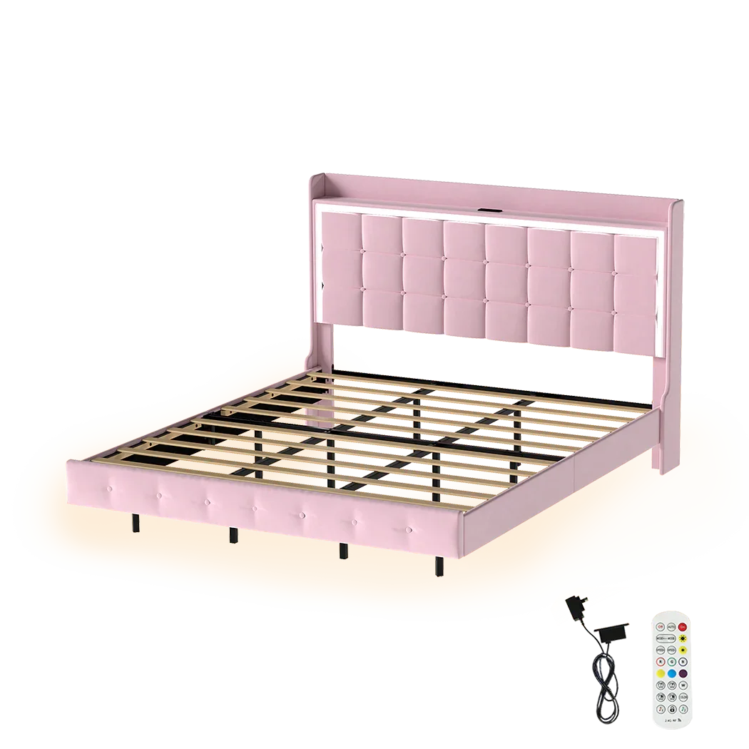 Levede King Floating Bed Frame LED Headboard USB Pink-2050056739193229320