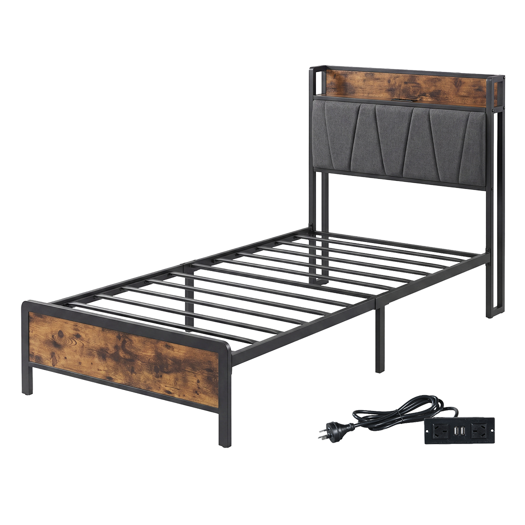 Levede Single Bed Frame Industrial Tufted Soft Storage Headboard USB Charge-2100034936651255816
