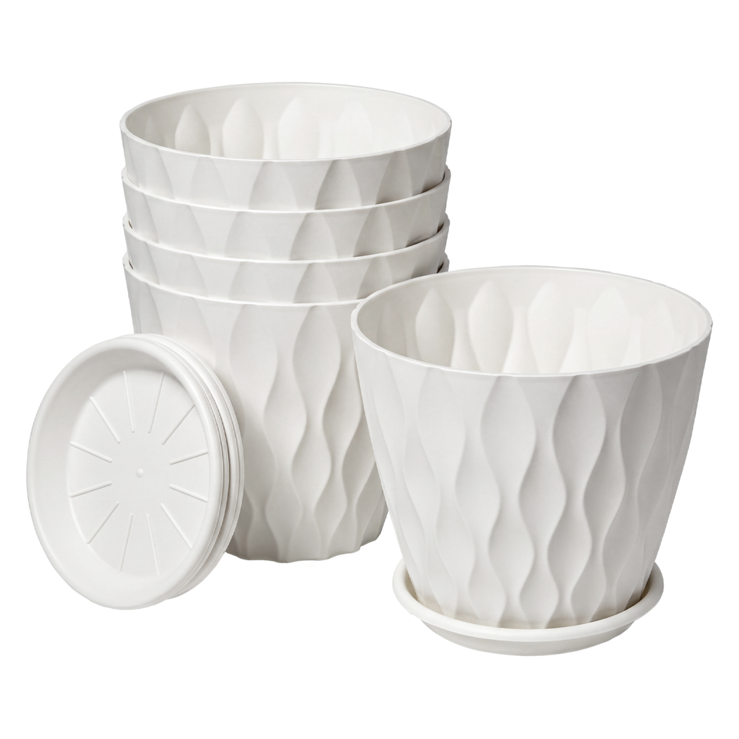 Toque Plant Pots 5 Pcs 8 Inchs Plastic Planter Pots with Drainage Saucers White-2072893580992712712