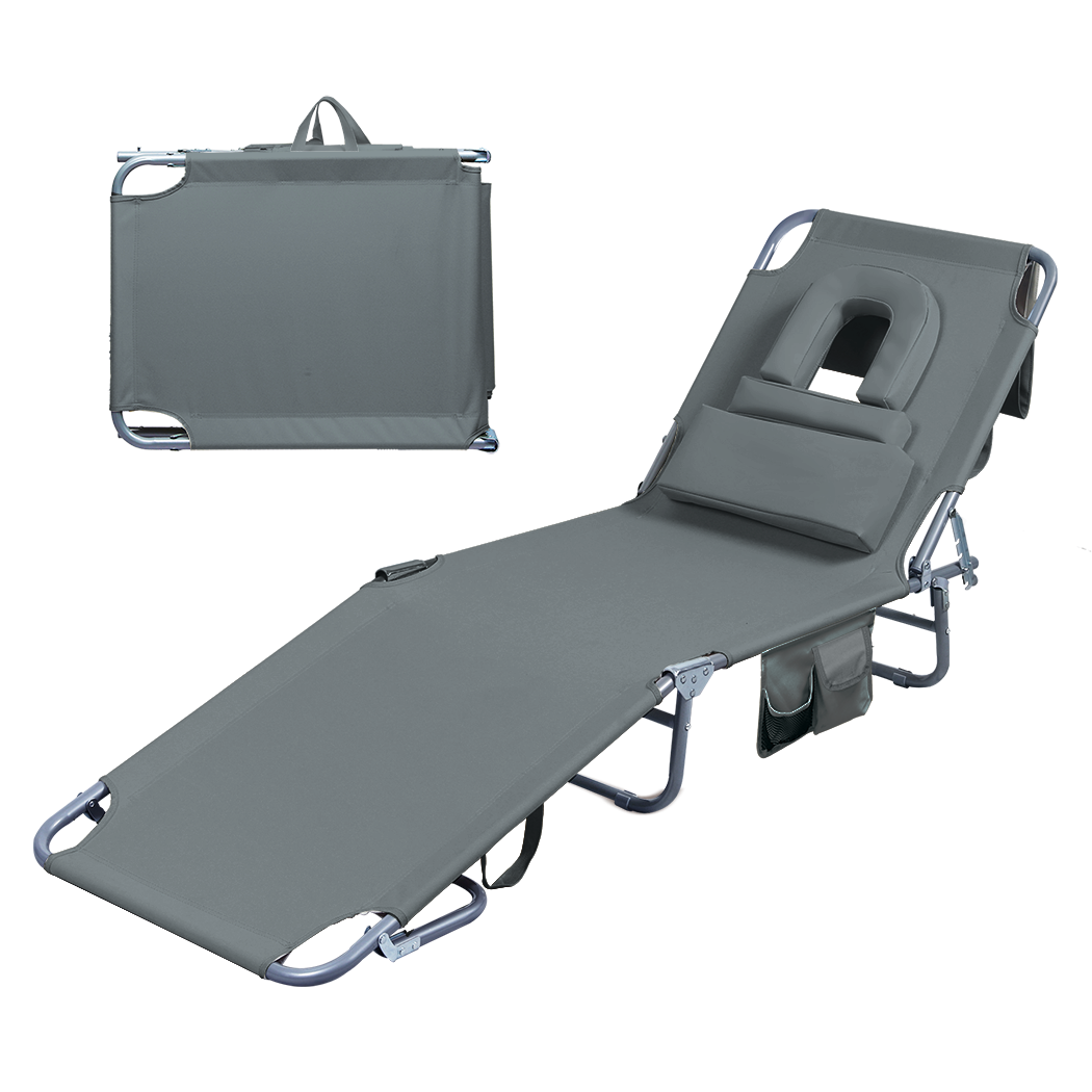 Levede Foldable Beach Lounge Chairs with Face Hole Grey-1910112248827875336