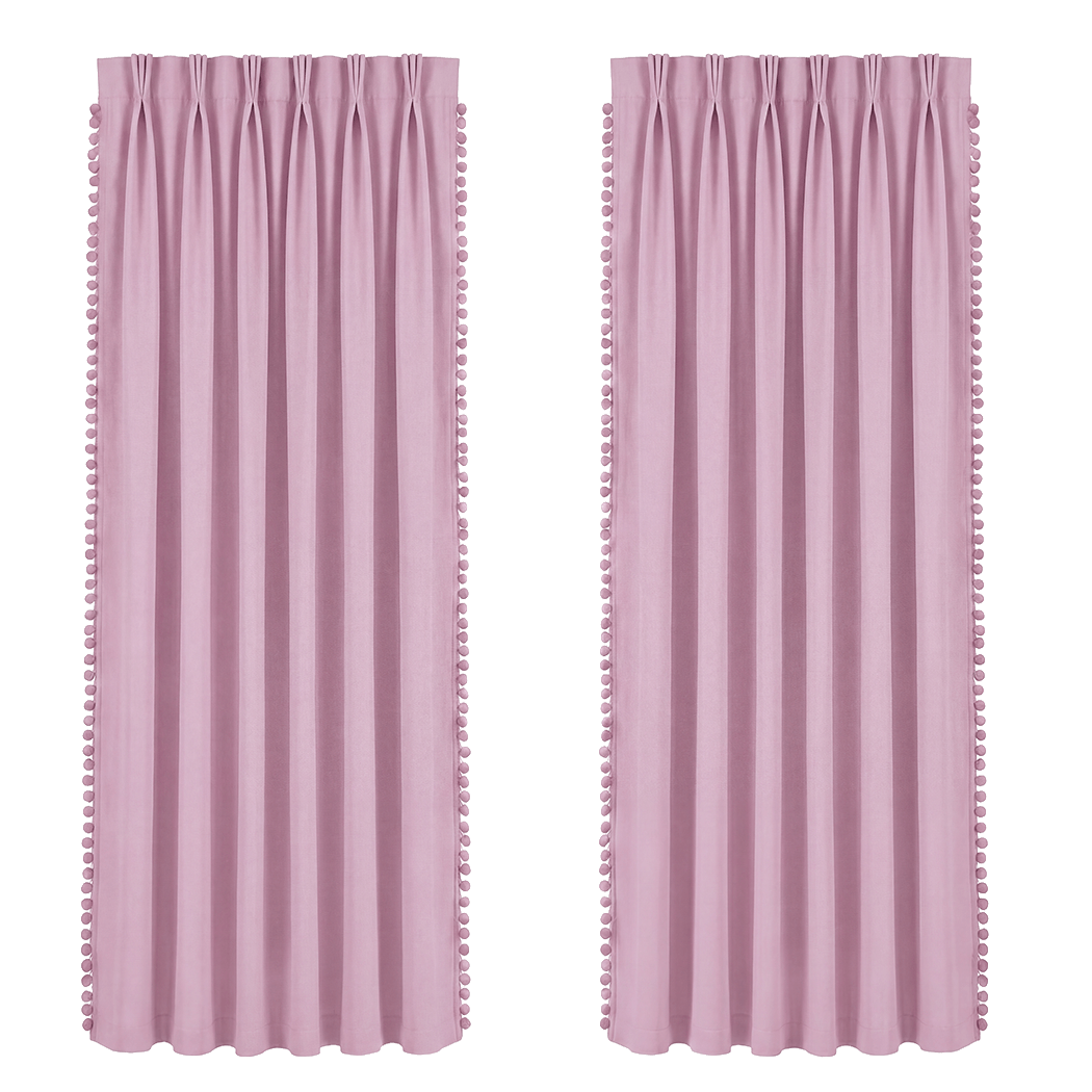 Marlow Blackout Curtains Pink 2 Panels Thermal Insulated Pom Pom 132cm x 213cm-2072893564165165064
