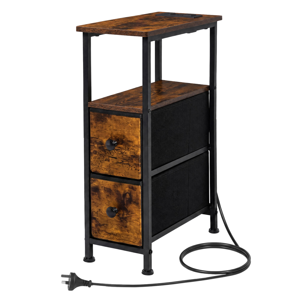 Levede Bedside Table Narrow Side Table with LED Charging Station Brown-2100034980666281992
