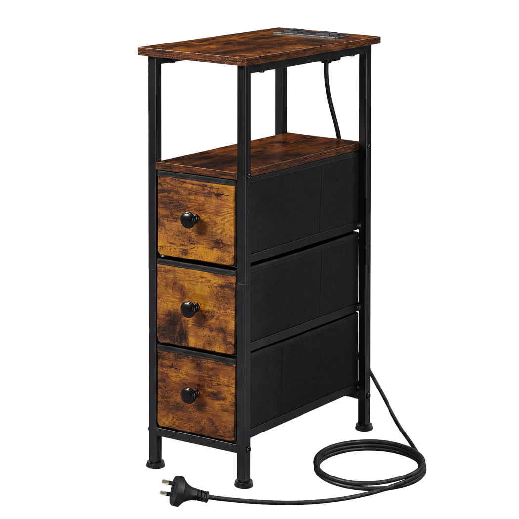 Levede Bedside Table with LED Charging Station 3 Drawers Metal Frame-2100034980485926920