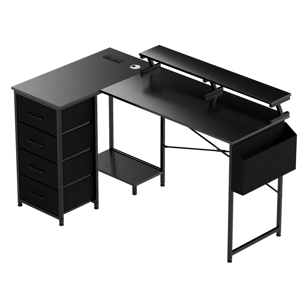 Levede L Shaped Gaming Desk with Storage Drawers Black-2006733412379004936