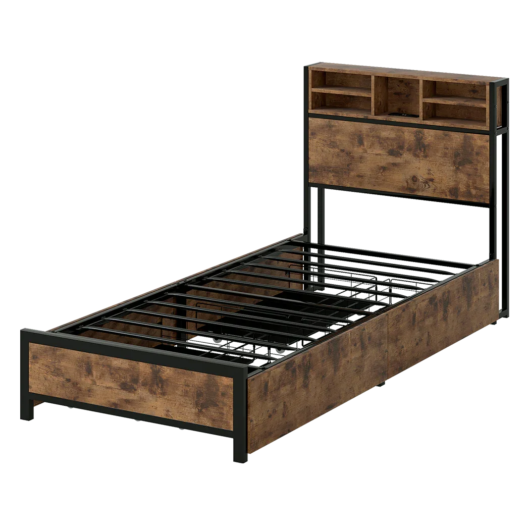 Levede Single Bed Frame Industrial Storage LED Charing-2050056748655579144