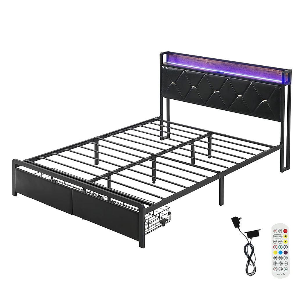 Levede Double Metal Bed Frame LED Lights 2 Drawers