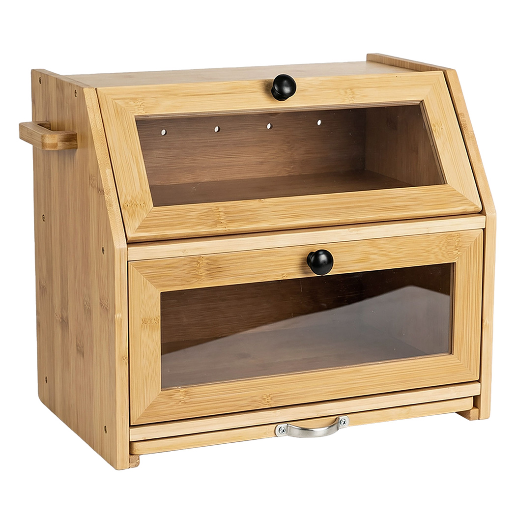 Toque Bread Box Bread Bin Double Layer Bamboo Bread Storage with Window Natural-2072893581403754504