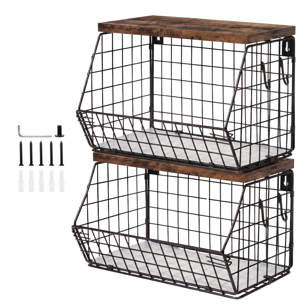 Toque Fruit Snack Storage Basket 2PCS Stackable Wall Mounted Kitchen Wood Lid-2072893579830890504