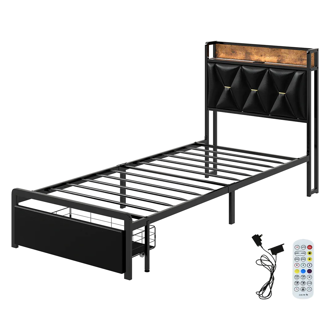Levede Single Bed Frame Leather Headboard RGB 2 Drawers-2050056739788820488