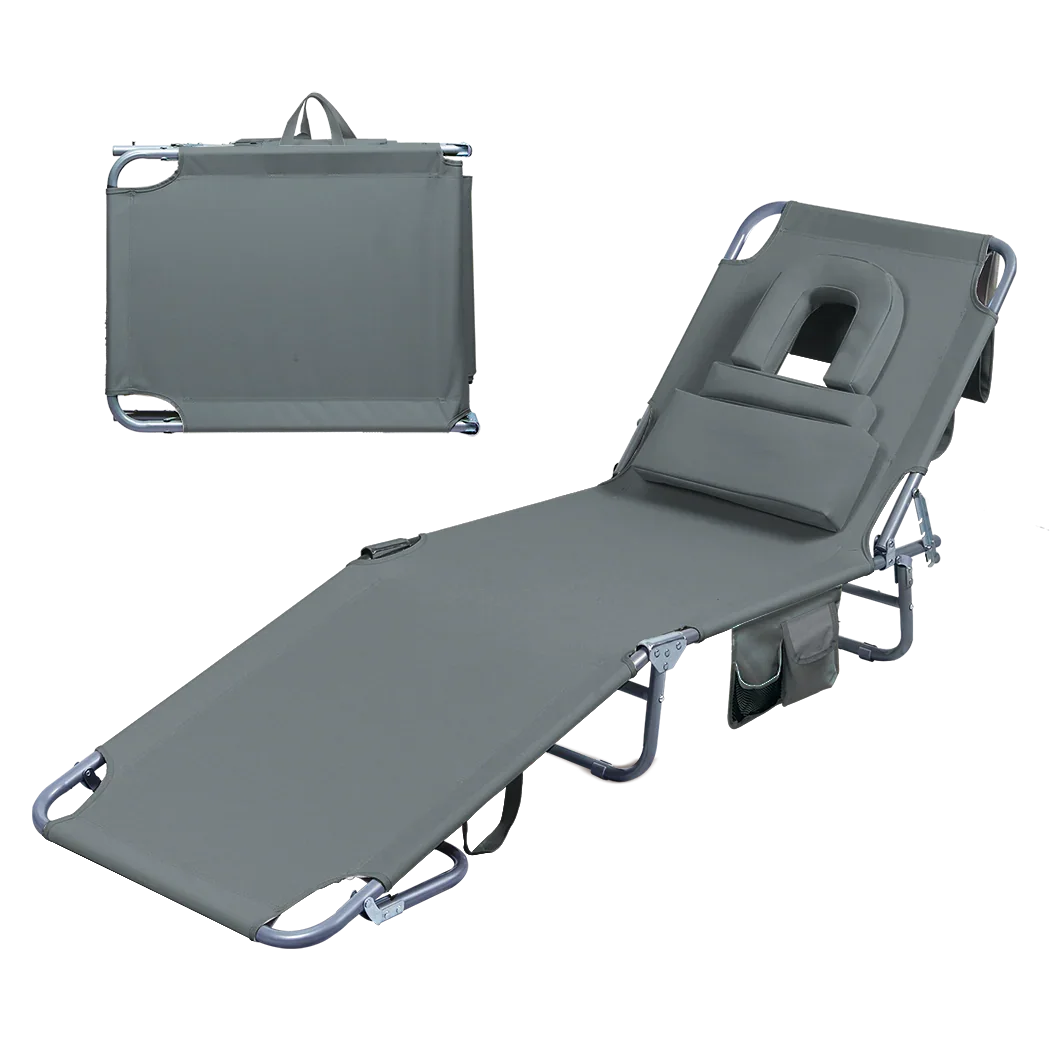 Levede Foldable Beach Lounge Chairs with Face Hole Grey-2018816828482129928