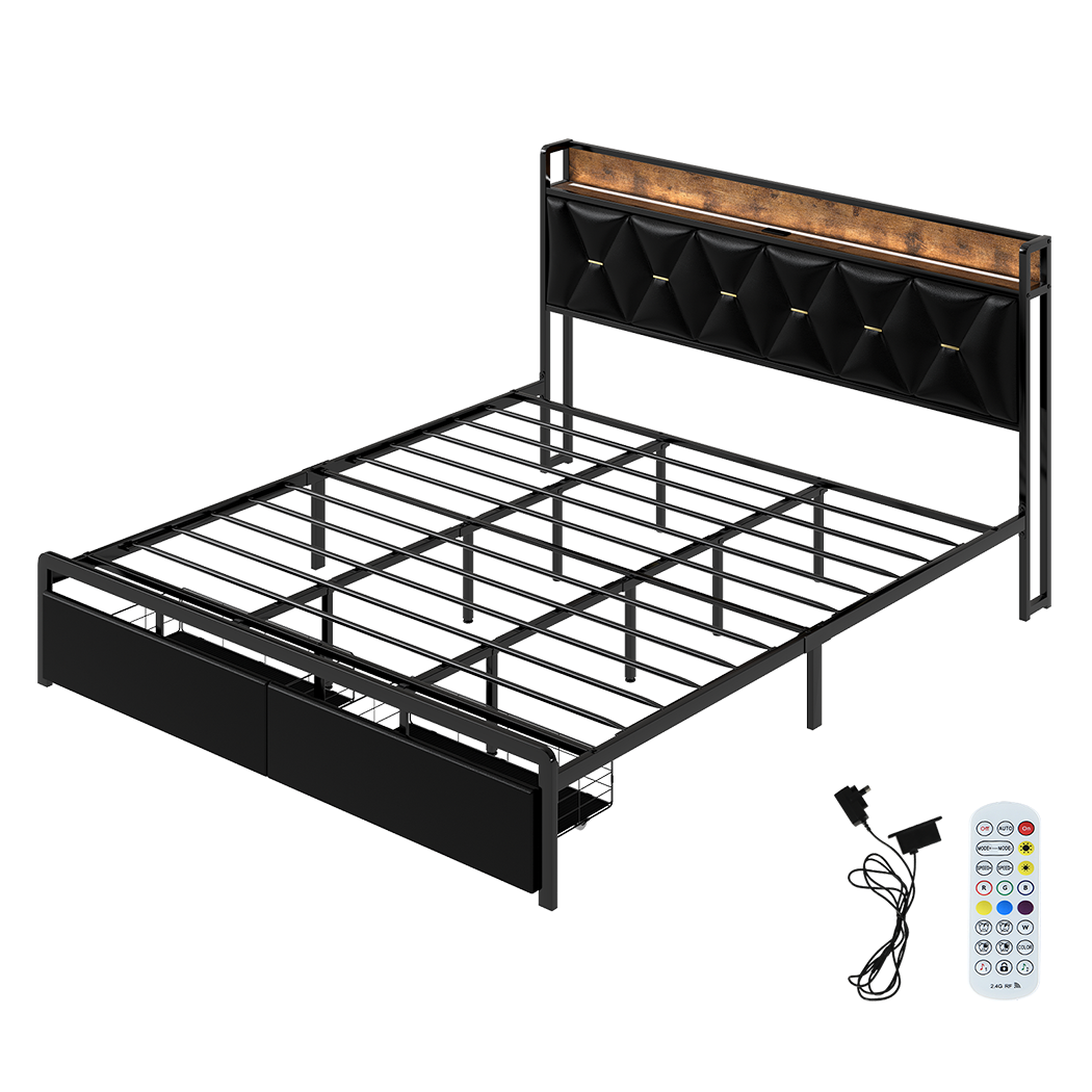 Levede King Bed Frame Leather Headboard RGB 2 Drawers-1996009956867969032