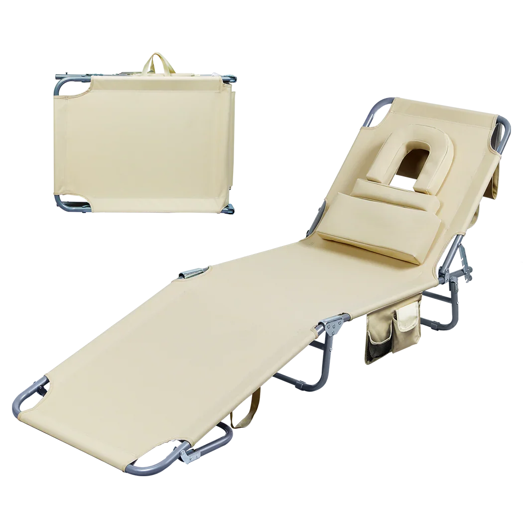 Levede Foldable Beach Lounge Chairs with Face Hole Khaki-2018816828662485000