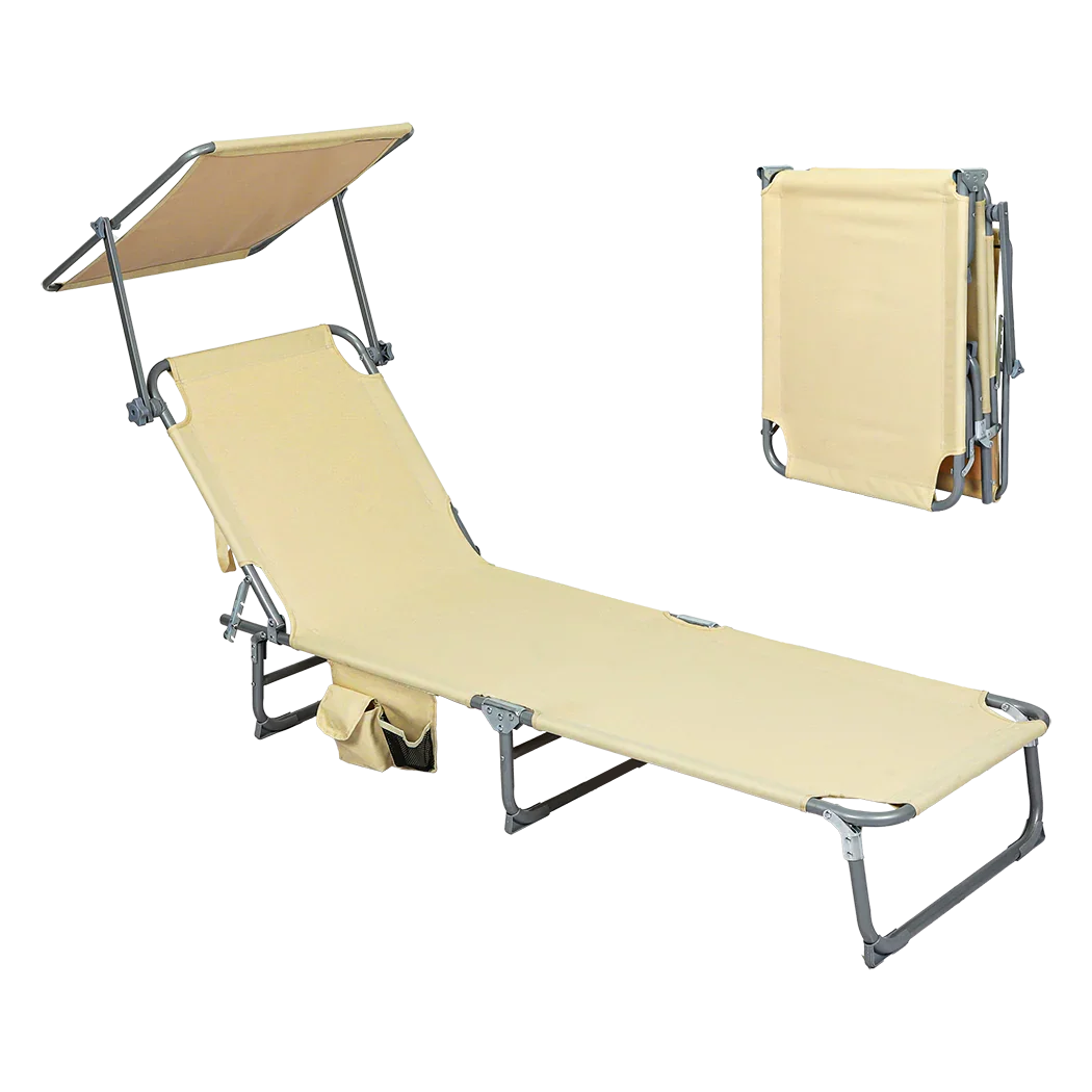 Levede Foldable Lounge Chairs with Canopy Khaki-2006732877097734152