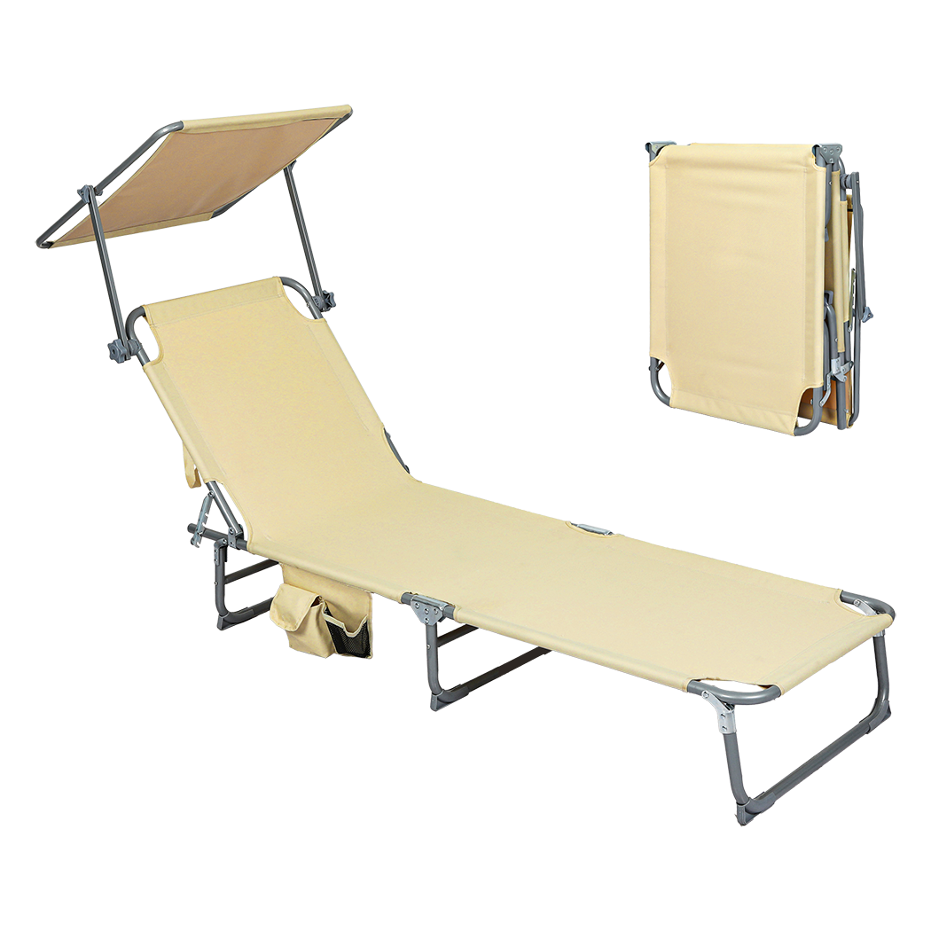 Levede Foldable Lounge Chairs with Canopy Khaki-1910112248655908872