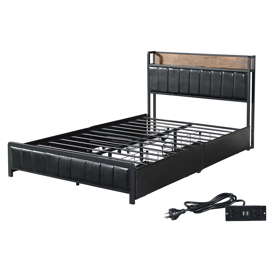 Levede Double Bed Frame PU Mattress Base Storage Drawer Headboard USB Charge-2100034935908864008