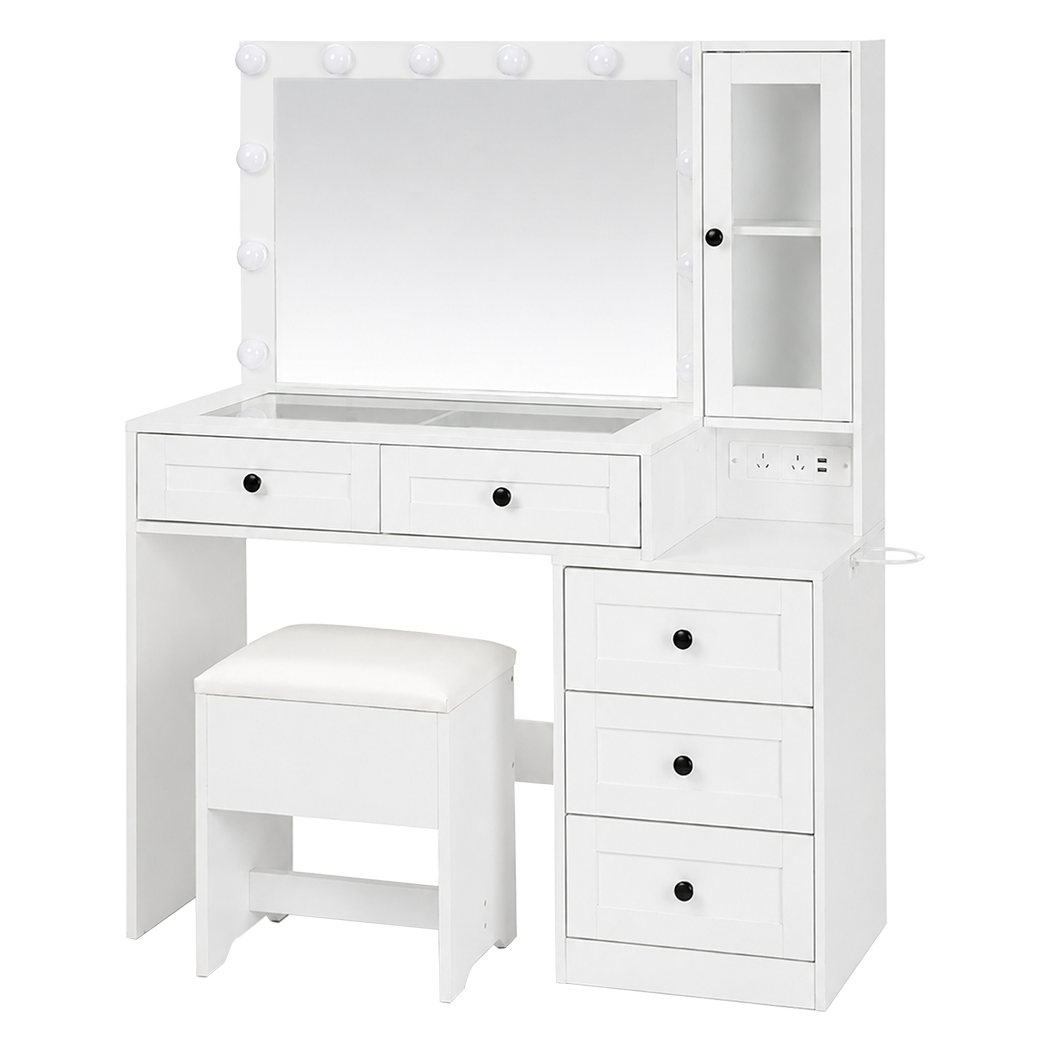 Levede Dressing Table Vanity Desk with LED Mirror 5 Drawers Charging White-2100035036114980873