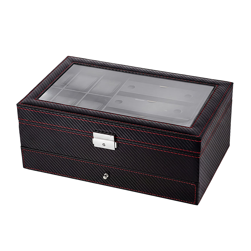 Watch Box 6 Slot Watch Case Jewellry Box PU Leather with Drawer Black-2100034976140627976