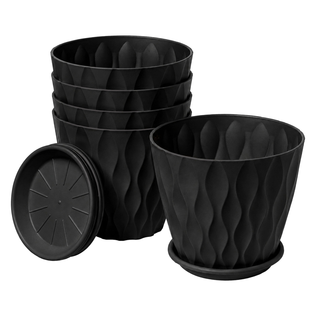 Toque Plant Pots 5 Pcs 8 Inchs Plastic Planter Pots with Drainage Saucers Black-2072893580812357640