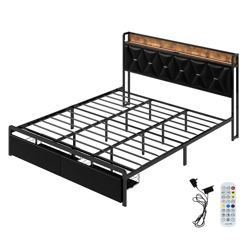Levede King Bed Frame Leather Headboard RGB 2 Drawers-2050056739612659720