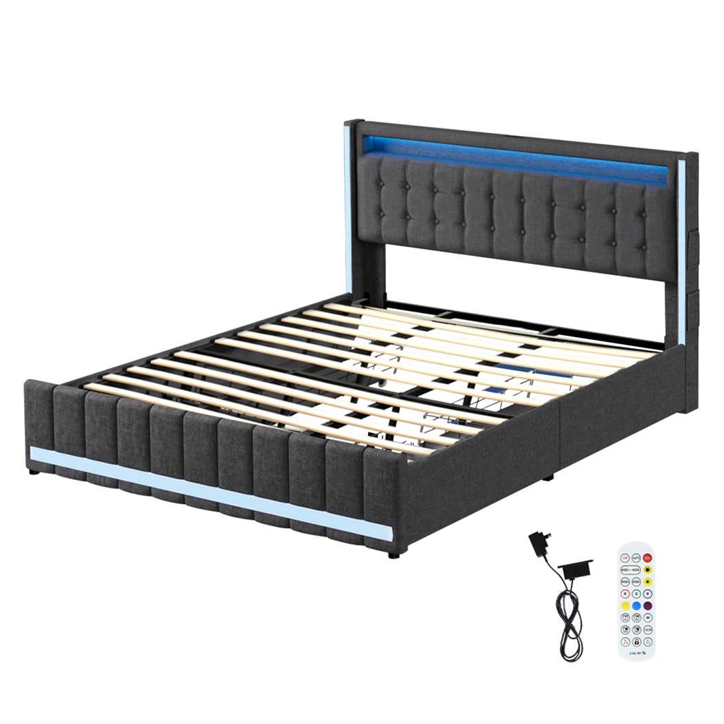 Levede King Bed Frame Fabric Storage Drawer LED USB-2029387305961263112