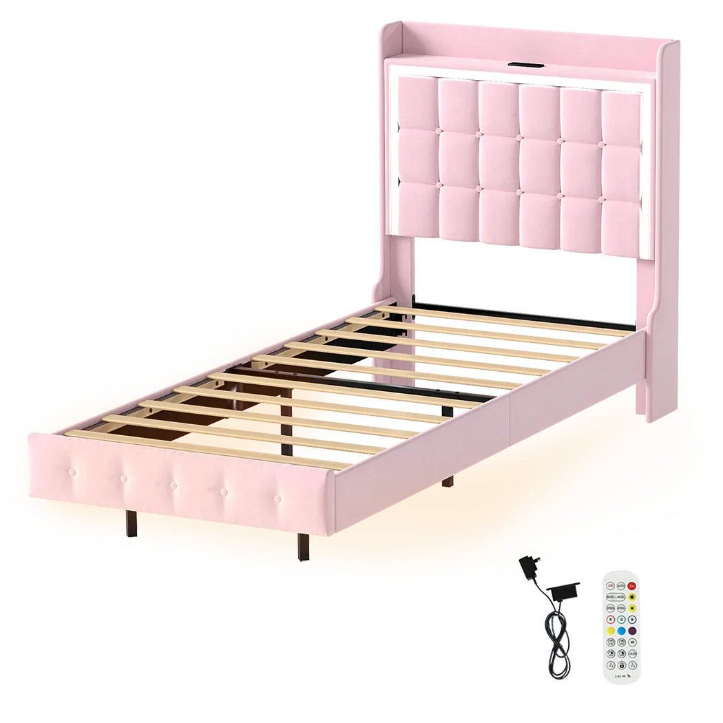 Levede Single Floating Bed Frame LED Headboard USB Pink-2050056739402944520