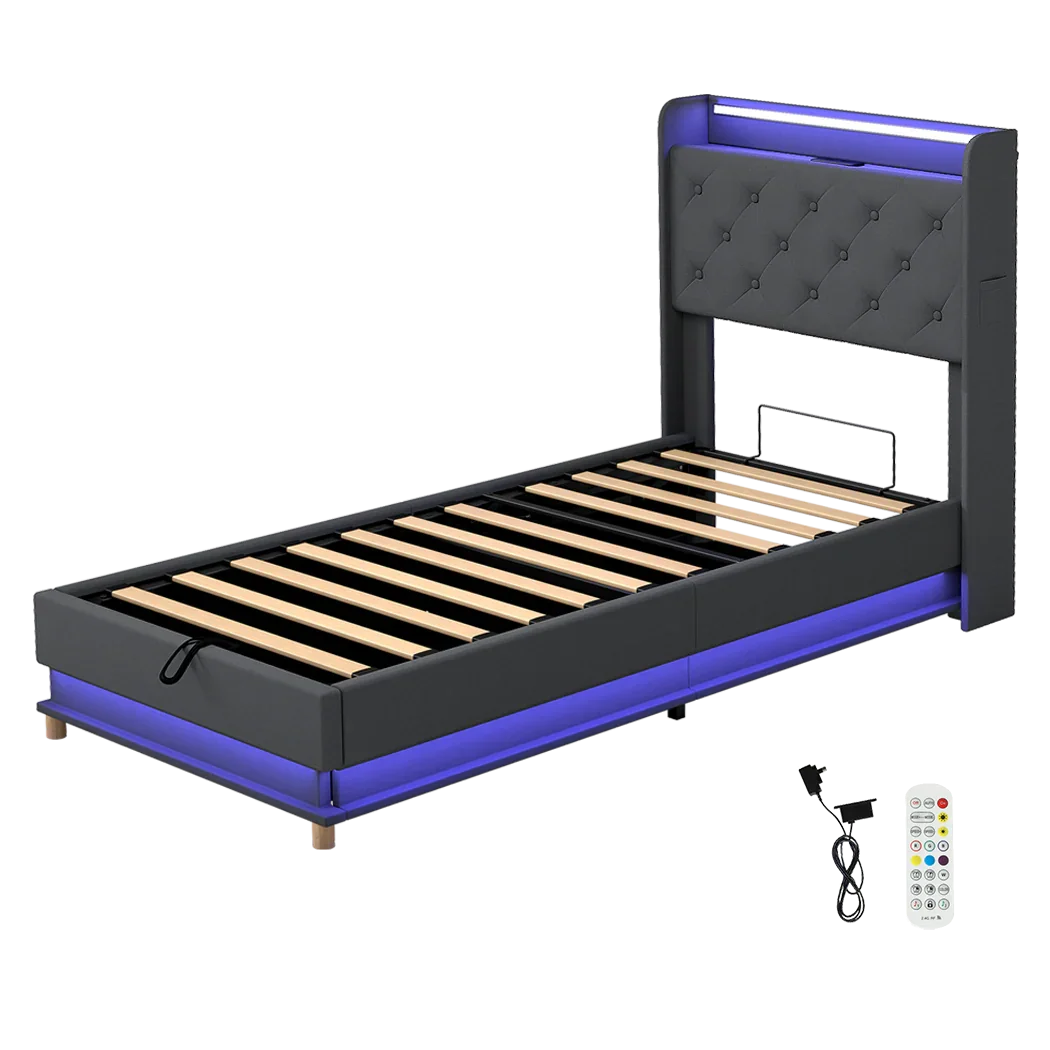 Levede Single Bed Frame Gas Lift Storage LED Light USB-2006733381777362952