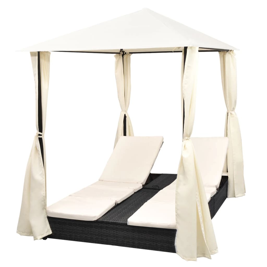 Double Sun Lounger with Curtains Poly Rattan Black