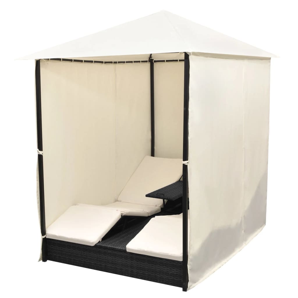 Double Sun Lounger with Curtains Poly Rattan Black