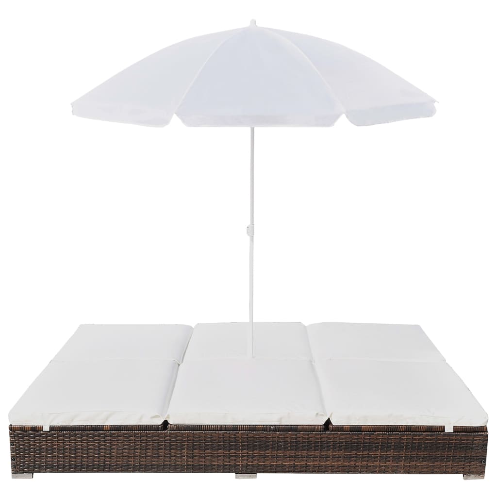 Outdoor Lounge Bed with Umbrella Poly Rattan Brown