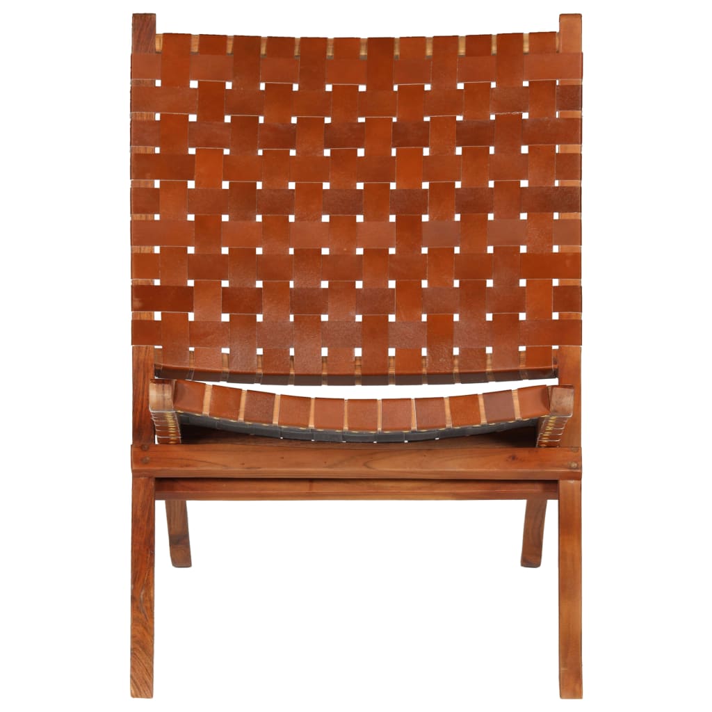 Folding Chair Crossed-Stripe Brown Real Leather