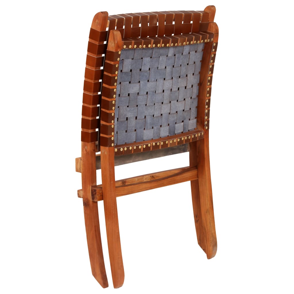 Folding Chair Crossed-Stripe Brown Real Leather