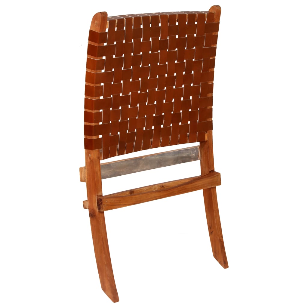 Folding Chair Crossed-Stripe Brown Real Leather