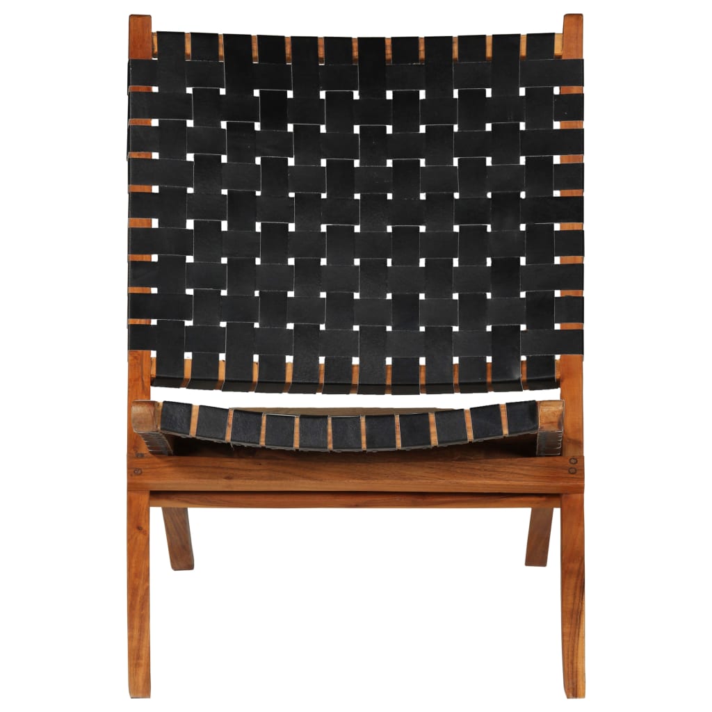 Folding Chair Crossed-Stripe Black Real Leather