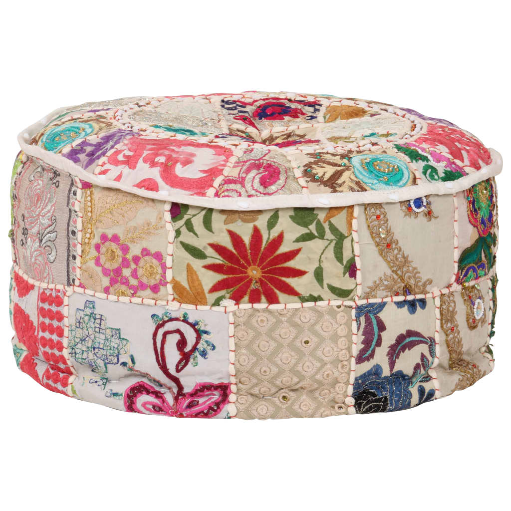 Patchwork Pouffe Round Cotton Handmade 40x20 cm Beige