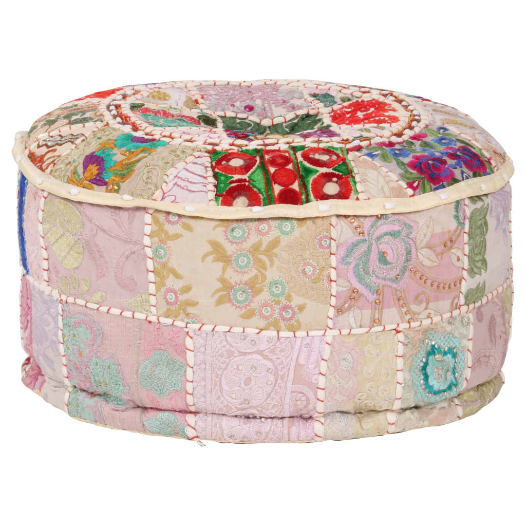 Patchwork Pouffe Round Cotton Handmade 40x20 cm Beige