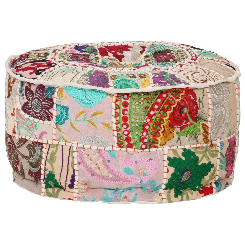 Patchwork Pouffe Round Cotton Handmade 40x20 cm Beige